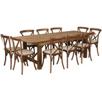 8' x 40 Rustic Folding Farm Table with 10 Cross Back Chairs and Cushions
