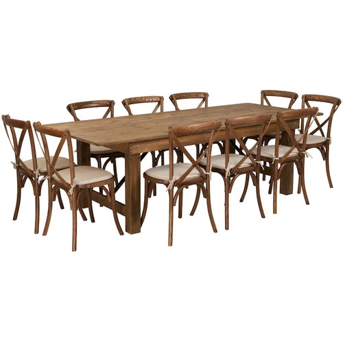 8' x 40 Rustic Folding Farm Table with 10 Cross Back Chairs and Cushions