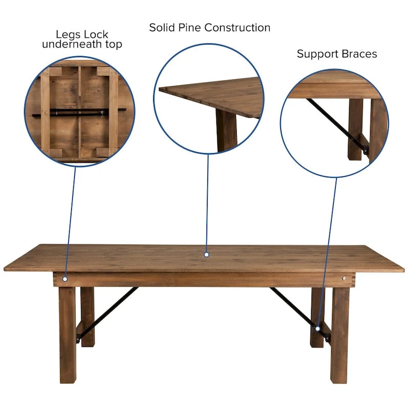 8' x 40 Rustic Folding Farm Table with 10 Cross Back Chairs and Cushions