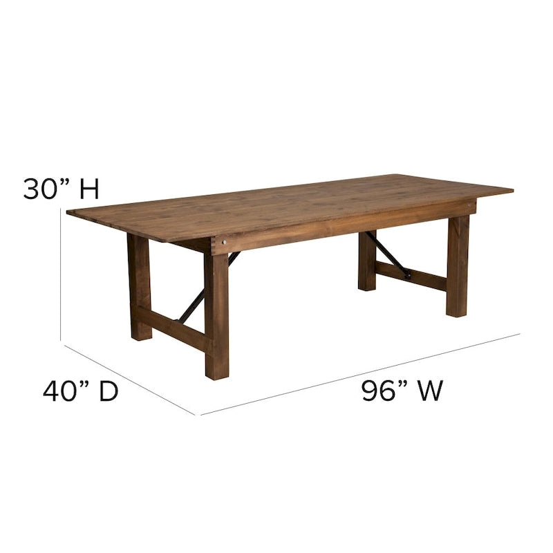 8' x 40 Rustic Folding Farm Table with 10 Cross Back Chairs and Cushions