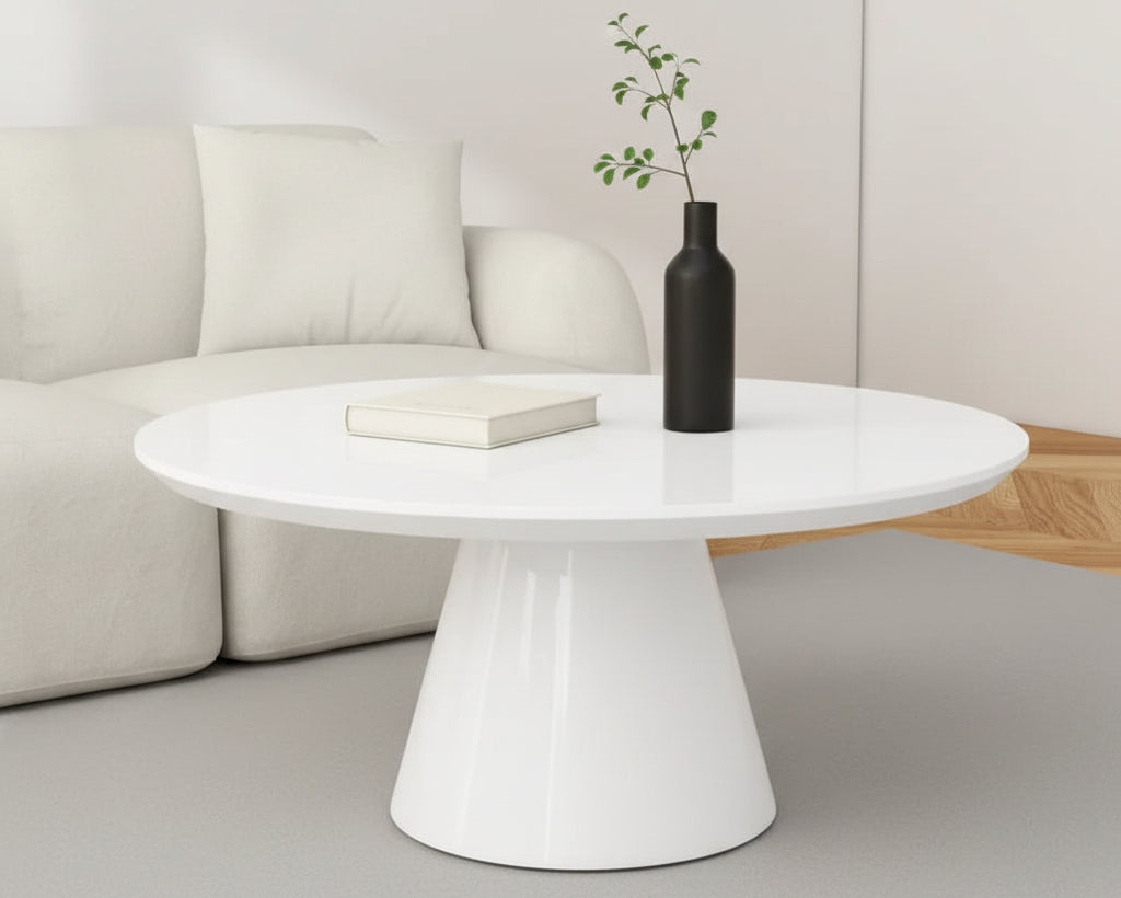 Modern Cone Coffee Table for Living Room, High Gloss Finish, 35.4in Diameter, Black or White