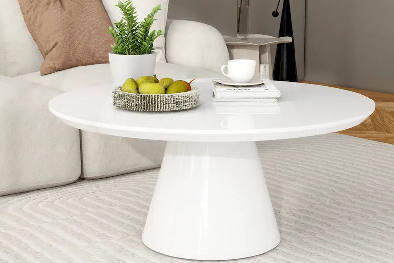 SHYFOY Modern Cone Coffee Table for Living Room, High Gloss Finish, 35.4in Diameter, Black or White