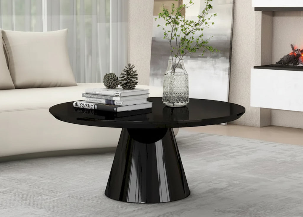 Modern Cone Coffee Table for Living Room, High Gloss Finish, 35.4in Diameter, Black or White