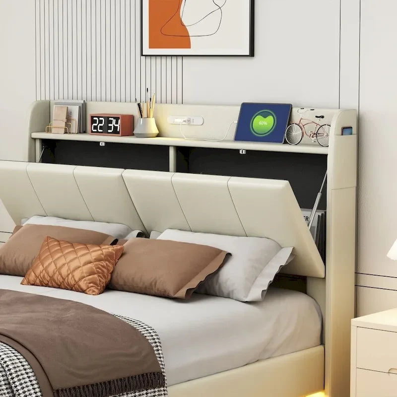 Queen Size Floating Bed Frame with Storage Headboard, Modern Upholstered Platform Bed with USB Ports