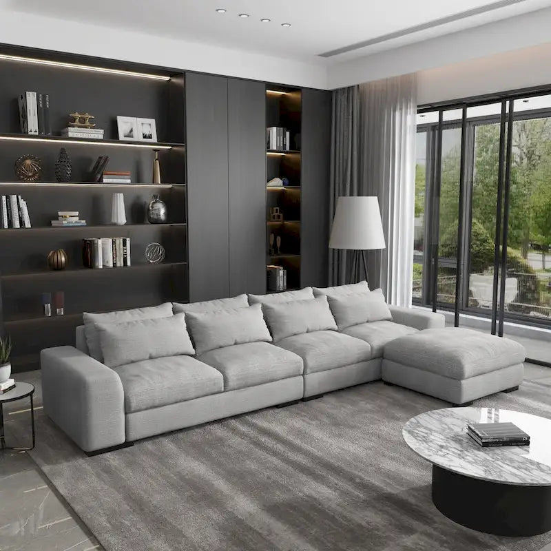 150 Wide L-Shape Linen Sofa Couch, Modern Feather Filled Sectional Sofa Couch with Ottoman