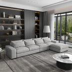 150 Wide L-Shape Linen Sofa Couch, Modern Feather Filled Sectional Sofa Couch with Ottoman
