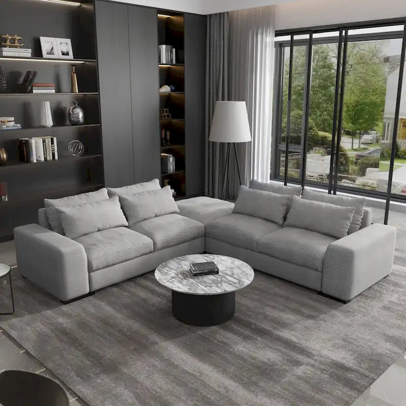 150 Wide L-Shape Linen Sofa Couch, Modern Feather Filled Sectional Sofa Couch with Ottoman