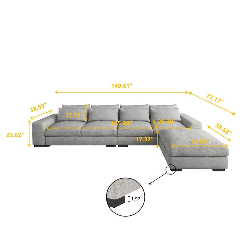 150 Wide L-Shape Linen Sofa Couch, Modern Feather Filled Sectional Sofa Couch with Ottoman