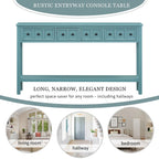 Turquoise Green Rustic 60 Pine Wood Console Table with 4 Drawers, Bottom Shelf, and Distressed Finish for Entryway
