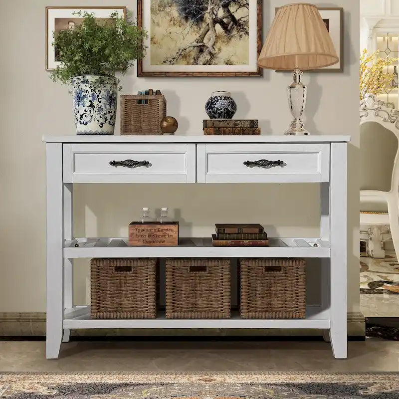Console Sofa Table with 2 Storage Drawers and 2 Tiers Shelves, Mid-Century Style 42 Solid Wood Buffet Sideboard