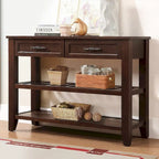 Console Sofa Table with 2 Storage Drawers and 2 Tiers Shelves, Mid-Century Style 42 Solid Wood Buffet Sideboard