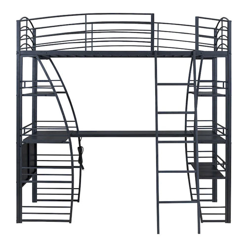 Lit mezzanine en métal noir avec étagères à 4 niveaux, bureau en L, prises, ports USB et recharge sans fil