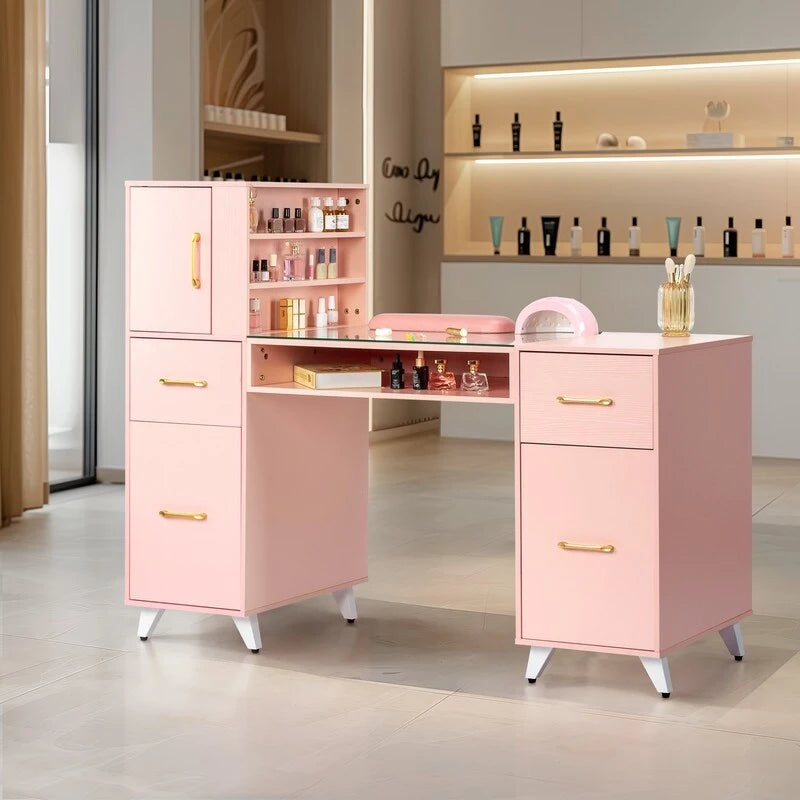 Embossed Particle Board Tempered Glass 55 W Manicure Table
