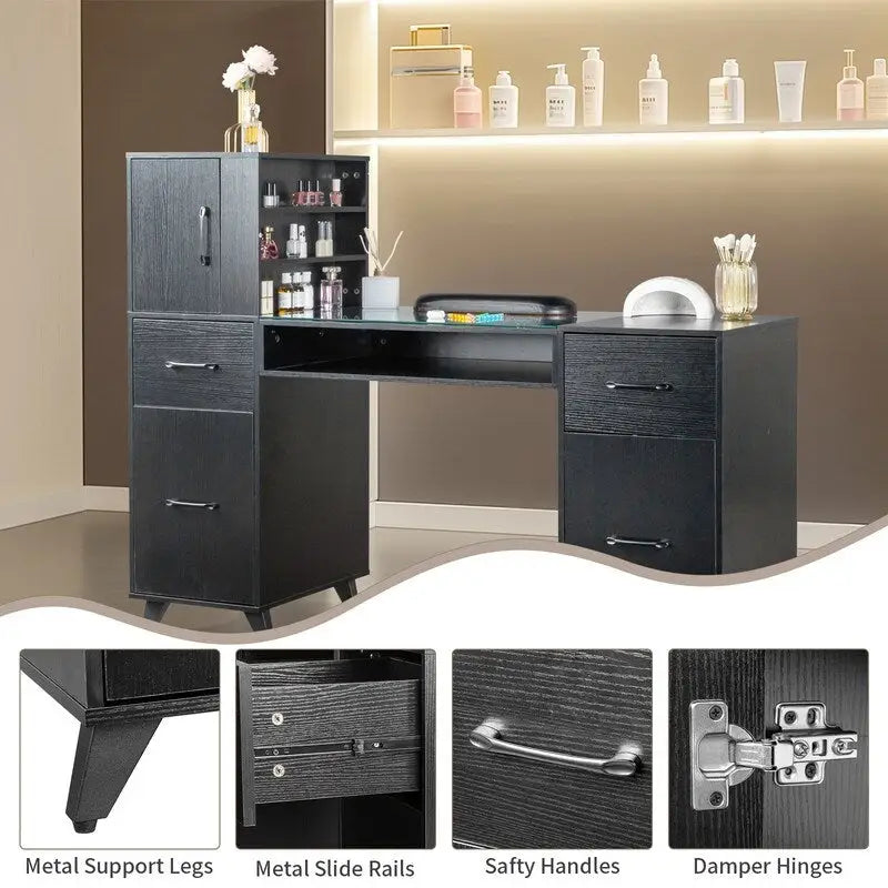 Embossed Particle Board Tempered Glass 55 W Manicure Table