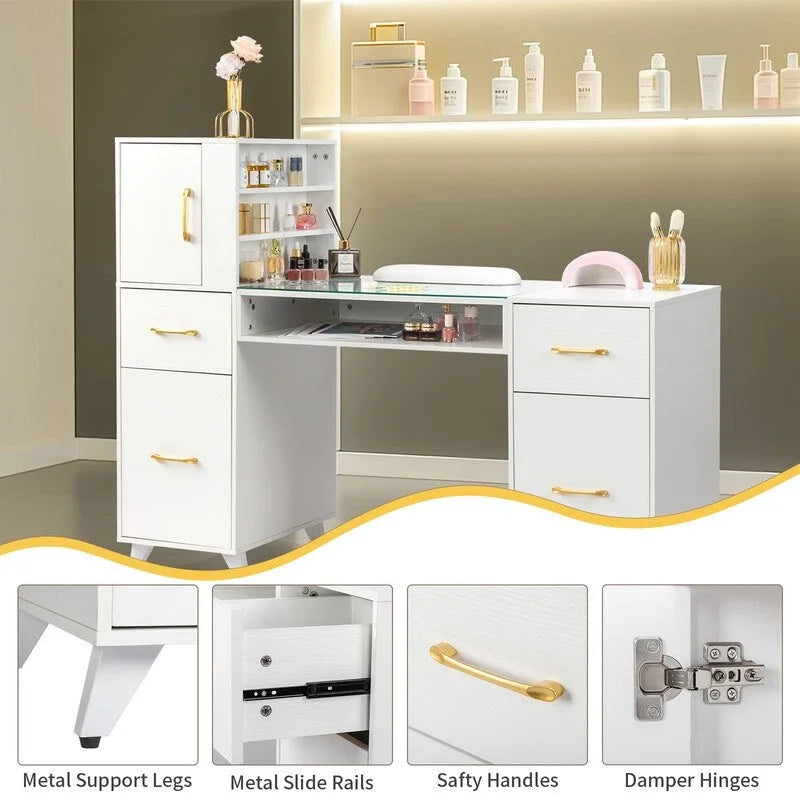 Embossed Particle Board Tempered Glass 55 W Manicure Table
